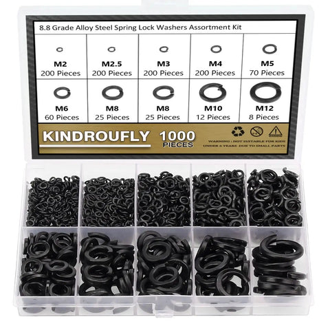 Kindroufly 1000-piece black 8.8-grade alloy steel lock washers assortment kit with spring and split washers in sizes M2-M12