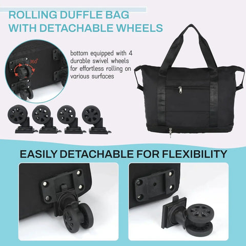 Rolling Duffle Bag With Wheels For Travel VOOWO Expandable Carry On Duffel with detachable wheels and reinforced handles.