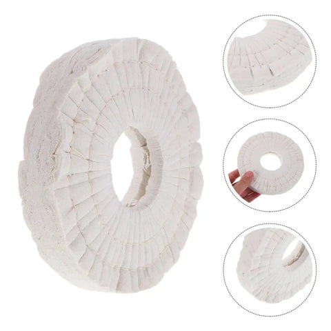 Close-up of Cotton Buffing Polishing Wheel 150x50x20mm For Woodworking Edge Banding Machines, showing white cloth construction.