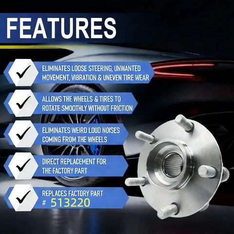 Front Wheel Hub And Bearing Assembly For 2005-2014 Subaru Outback And Legacy 5 Lug With ABS 4 Hole Flange Front Left Or Right Replacement Replaces 513220 High Quality Wheel Bearing Kit shown next to feature list.