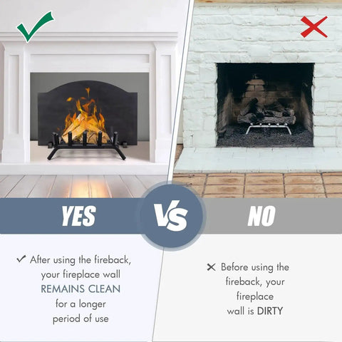 Comparison of clean fireplace with 26 Inch Iron Fireback With Feet For Fireplace Wall Protection And Heat Reflection versus a dirty fireplace.