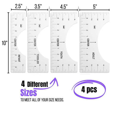 T Shirt Alignment Ruler Kit For Vinyl Designs 4 Piece PVC Ruler Set For Centering Graphics On T Shirts Heat Press Accessories Includes Adult Youth Toddler And Infant Sizes Durable Reusable.