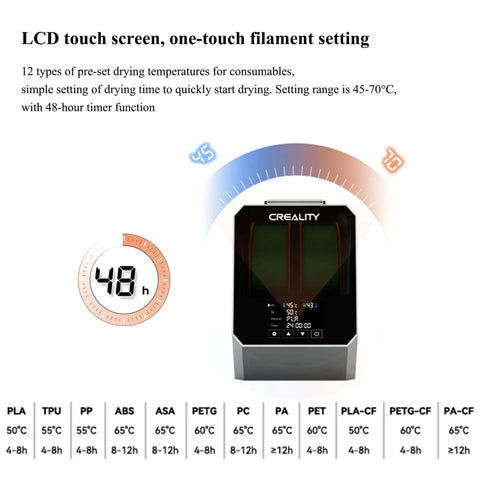 Space Pi Filament Dryer Plus with LCD screen showing drying modes for various filaments, including PLA and PETG, with heat control.