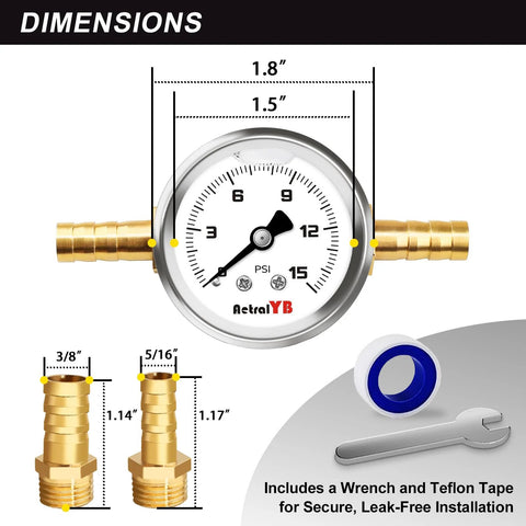 AetralYB fuel pressure test kit with 1.5 in glycerin-filled dial gauge, 0-15 psi, inline regulator, 1/8 in NPT, brass barbs
