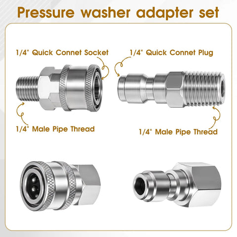 Pressure washer 4-piece adapter kit with 1/4 inch quick-connect socket, plug, and 1/4 inch male pipe threads.