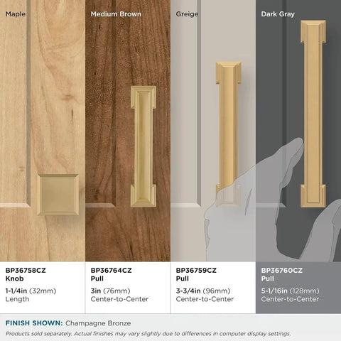 Comparison of cabinet pulls including Champagne Bronze Cabinet Pull In Traditional Style with various sizes and finishes shown on different wood backgrounds.