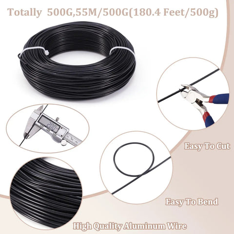 Black Aluminum Craft Wire 180 Feet 12 Gauge Bendable Wire For DIY Beading Jewelry Making Flexible Yet Strong For Wrapping, Shaping, And Creative Projects - spool and tools visible