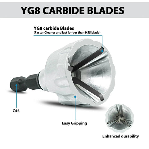 Deburring External Chamfer Tool With YG8 Carbide Blade And Quick Release Shank All-In-One Drill Bit Set displayed with parts labeled