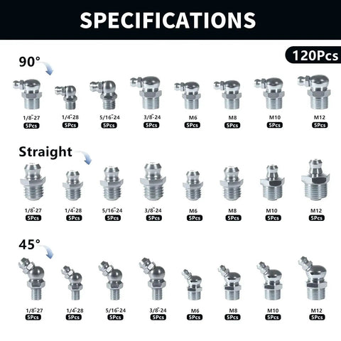 Grease Fittings 24 Size SAE And Metric Zerk Fitting Assortment Kit All In One For Straight 45 Degree And 90 Degree Nipples Includes One