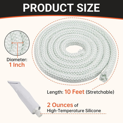 GJK Wood Furnace Door Seal Kit: fiberglass rope seal, 1 inch diameter, 10 ft, 2 oz silicone adhesive, white.