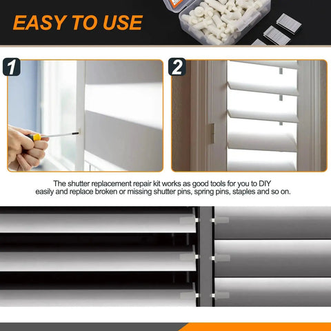 Fully Loaded Plantation Shutter Repair Kit 130 Pcs With 50 Spring Loaded Pins and 80 Tilt Rod Louvers Staples for quick shutter fixes