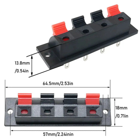 4 Pack Large Size Spring Push Speaker Terminal Block For No Fuss Wiring, Jack Socket Connector, red and black connectors, dimensions shown