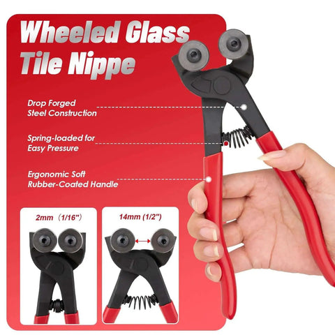 Glass Tile Nippers 7 Inch Heavy Duty Wheeled Glass Mosaic Nipper With Soft Rubber Handle For Stained Glass And Ceramic Tile Projects Includes Two Replacement Blades And Allen Wrench held in hand.