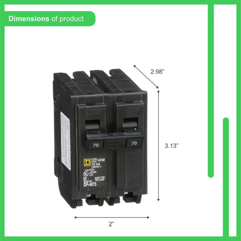 70 Amp Two Pole Mini Circuit Breaker For Home Use 120 240 Volt AC 10kA Breaking Capacity Plug In Mount Standard Type