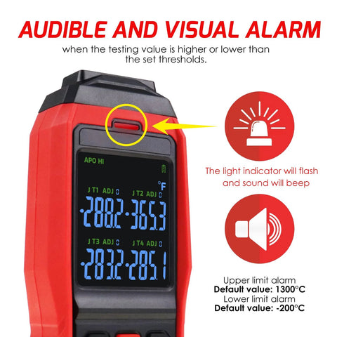 Red handheld thermocouple thermometer data logger, 4-channel digital K-type with audible and visual alarm