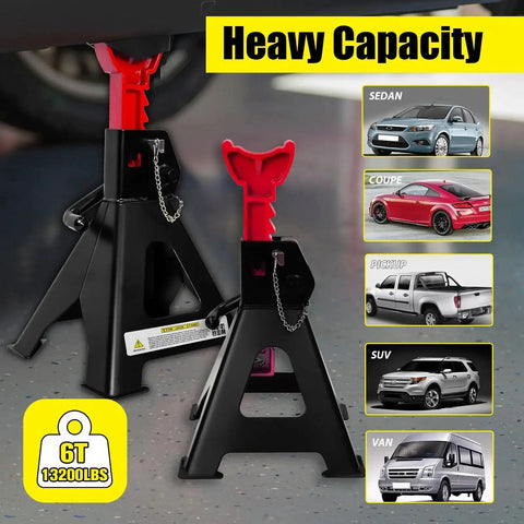 6 Ton Adjustable Jack Stands With Double Pin Locking And Rubber Pads For Garage, side view with heavy capacity banner