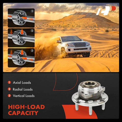 5 Lug Wheel Bearing And Hub Assembly Front Or Rear For Chevy Equinox 2010 To 2017 And GMC Terrain 2010 To 2017 Buick Allure 2010 Cadillac CTS 2014 To 2016 Without ABS Replacement with high-load capacity illustration and off-road vehicle in dunes