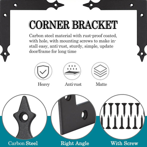 Rustic Barn Door Corner Brackets Set 4.9 In Matte Black L Shape Sliding Door Hardware showing screws and anti-rust features.