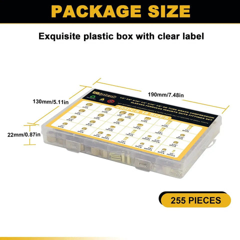 Six Size Brass Compression Fittings Kit With 255 Pieces in labeled plastic box for 1/2 to 1/8 inch tube