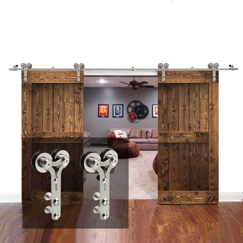 7 Foot Barn Door Hardware Sliding Track Kit in stainless steel with Y shape hangers installed on double wood doors.