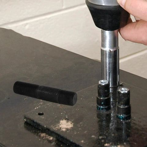 Heavy Duty Hydraulic Punch Driver Kit With Pull Rod Lock Cap in use on metal sheet for hole knockout