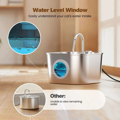 Stainless Steel Cat Water Fountain For Cats And Small Pets Automatic Indoor Waterer with water level window and no plastic design