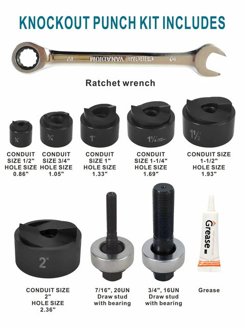 Includes ratchet wrench and dies for Manual Knockout Hole Punch Kit For Electrical Conduit One Half To Two Inch Heavy Duty Handheld Die Set