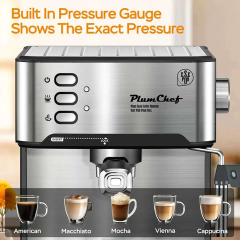 20 Bar Espresso Machine With Milk Frother Steam Wand Compact Home Espresso Maker For Latte And Cappuccino Low Noise Quick Brew 54 Oz Water Tank Pro Grade Flavor And Rich Crema At Home with built-in pressure gauge.