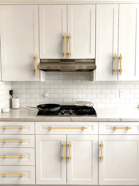 Champagne Bronze Cabinet Pulls 3 Inch 76mm 10 Pack Honey Bronze Kitchen Cupboard Handles installed on white cabinets