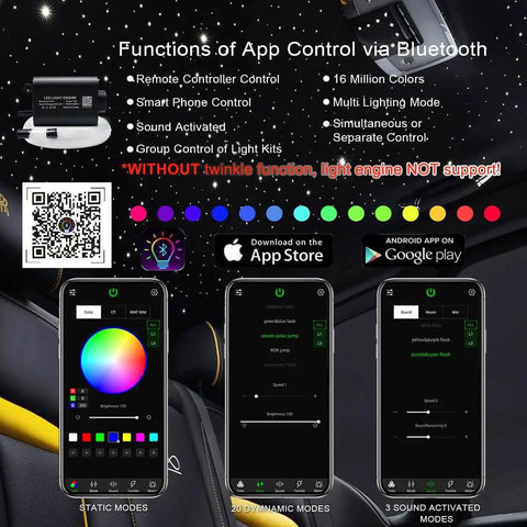 App control interface of Fiber Optic Star Light Kit with 150 Strands 0.75mm, Bluetooth, and remote control features