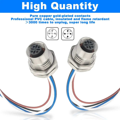 IP67 Waterproof M12 4 Pin A Coded Female Bulkhead Connector Cable 0.2M 2 Pack shown with blue and red wires