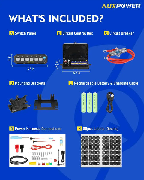 What's included with 6 Gang Wireless Switch Panel: switch panel, control box, circuit breaker, brackets, battery, power harness, labels.