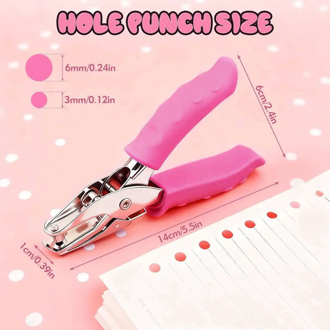 Two Size Single Hole Punch Set With One Quarter Inch And One Eighth Inch, handy pink soft grip handheld paper punch on pink background