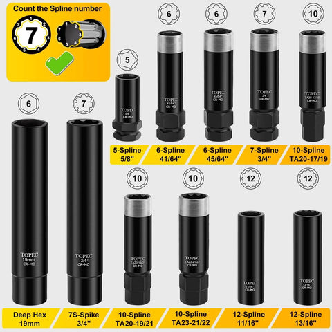All In One 11 Piece Lug Nut Key Set With 5 6 7 10 12 Spline And Hex Sockets Universal Wheel Lock Remover Kit displayed
