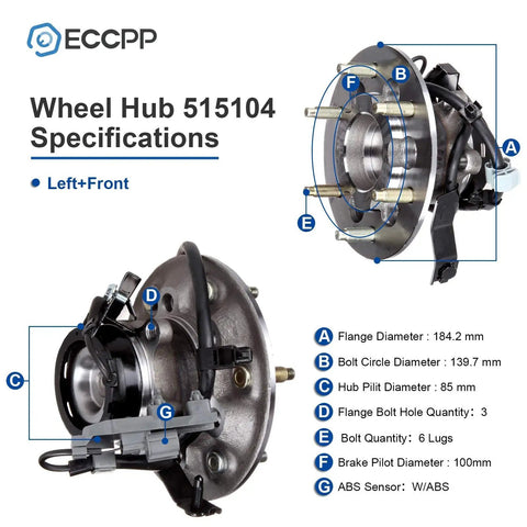 Product specifications diagram for Pair Front Wheel Hub Bearing Assembly With ABS For 2004 2008 Chevy Colorado GMC Canyon Isuzu I 280 I 290 RWD Six Lug OE Style Replacement Fits Front Axle