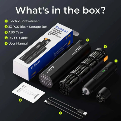 Electric Screwdriver Set With 33 Magnetic Bits, USB-C Cable, and User Manual displayed in box with labelled contents