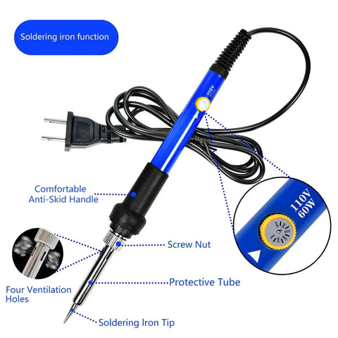 All In One Soldering Gear Kit With 60W Adjustable Temp And Digital Multimeter, features soldering iron with anti-skid handle