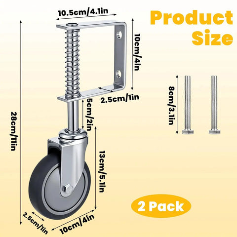 Heavy Duty Gate Wheel Spring Loaded Casters 4 Inch Sliding Gate Wheels set with size measurements and hardware included