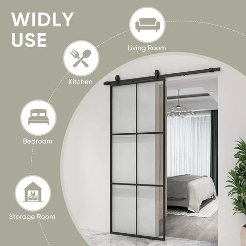 36x84 Inch Glass Sliding Barn Door Kit With 6Ft Hardware Black Aluminum Frame Clear Tempered Glass 3 Panel for interior rooms.