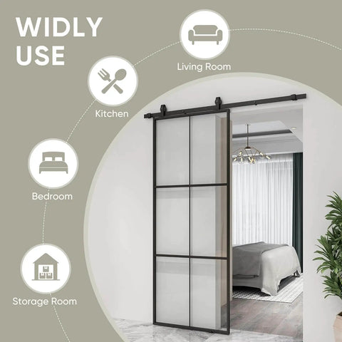 36 Inch By 84 Inch Glass Sliding Barn Door With Black Aluminum Frame And Clear Tempered Glass, 3 Panel Modern French Style installed