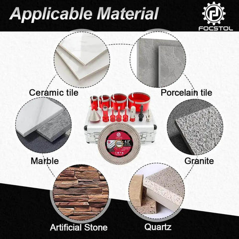 Image showing Pro Grade Diamond Tile Hole Saw Kit 13pc for porcelain, ceramic, marble, granite, artificial stone, and quartz with bits.