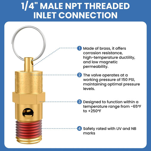 DALQUIS 1/4 in male NPT brass safety valve with ring, 150 PSI relief for air compressors (1 pack)