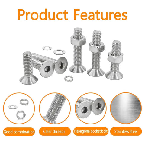 1200 Pcs M3 Stainless Steel Countersunk Head Hex Socket Screws Bolts Nuts And Washers Assortment Kit, visible screws and washers