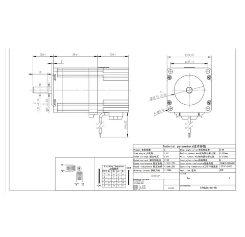 Technical drawing of Nema 23 stepper motor 57HS56-YC-PD with 56 mm body, shaft and mounting holes (front and side views).