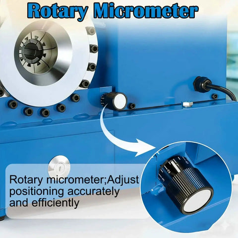 Close-up of rotary micrometer on onsite hydraulic hose crimping tool 10-31mm 70 MPa automatic with 8 dies for precision adjustment.