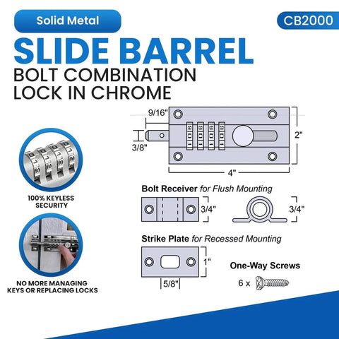 Infographic of CB2000-CHR Sliding Lock Combination Bolt with keyless security, chrome finish, highlighting measurements and components