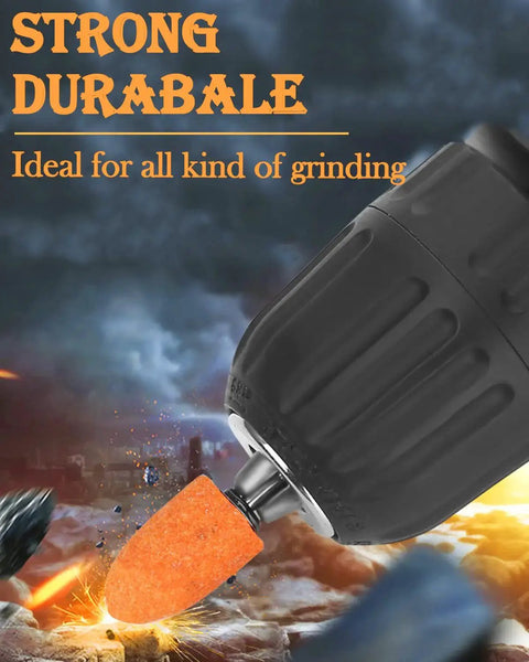 Close-up of 60 Pack Grinding Stone Set With One Eighth Inch Shank For Rotary Tools Aluminum Oxide Grinding Bits, orange bit in use.