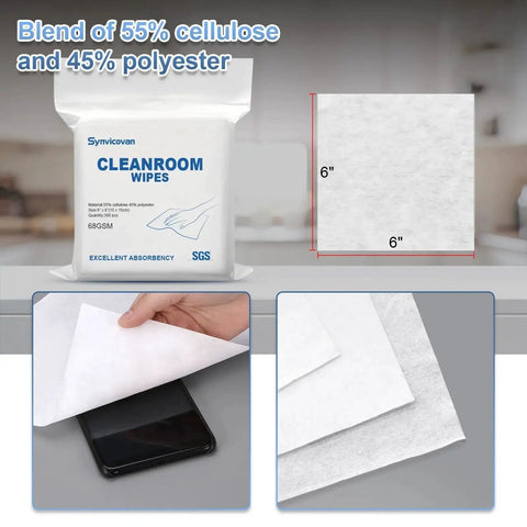 Cleanroom Wipes 6 By 6 300 Pcs Lint Free Grade A 68 GSM 55 45 Blend showing packaging, size, and use