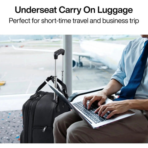 Underseat Carry On Luggage With Wheels For Air Travel next to a seated person using a laptop in an airport lounge.