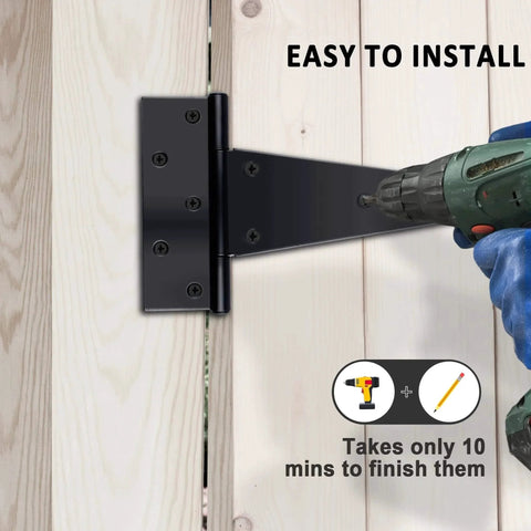 4 Pack 8 Inch T Strap Shed Door Hinges Heavy Duty installed on wooden fence with drill, black powder coated rust resistant exterior hardware
